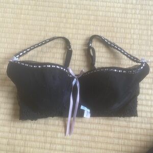 Black Balconette Bra with pink ribbon and bow.